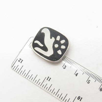 LOS CASTILLO 925 Sterling Silver Vintage Mexico Black Onyx Tribal Bird Brooch