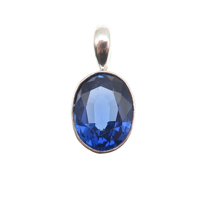 925 Sterling Silver Vintage Oval-Cut Blue C Z Charm Pendant