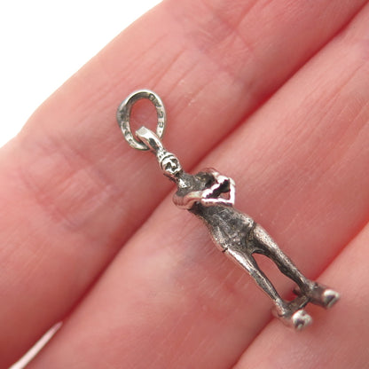 BEAU 925 Sterling Silver Vintage Female Water Skier Oxidized 3D Charm Pendant