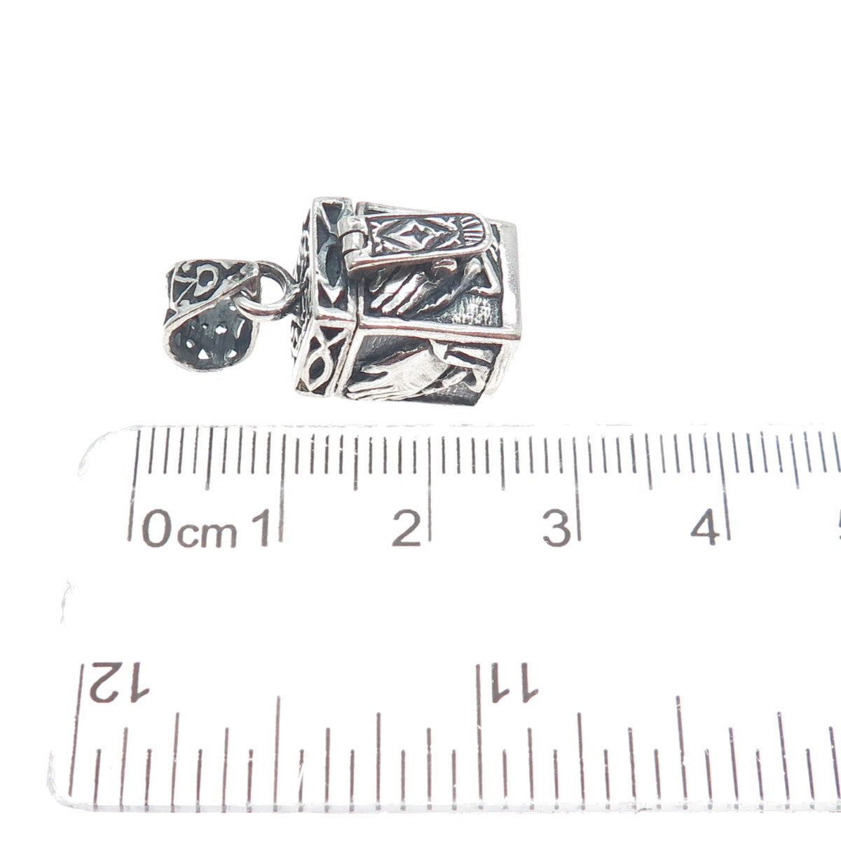 925 Sterling Silver Vintage Praying Hands Religious Box Oxidized Charm Pendant