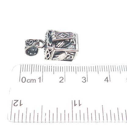 925 Sterling Silver Vintage Praying Hands Religious Box Oxidized Charm Pendant