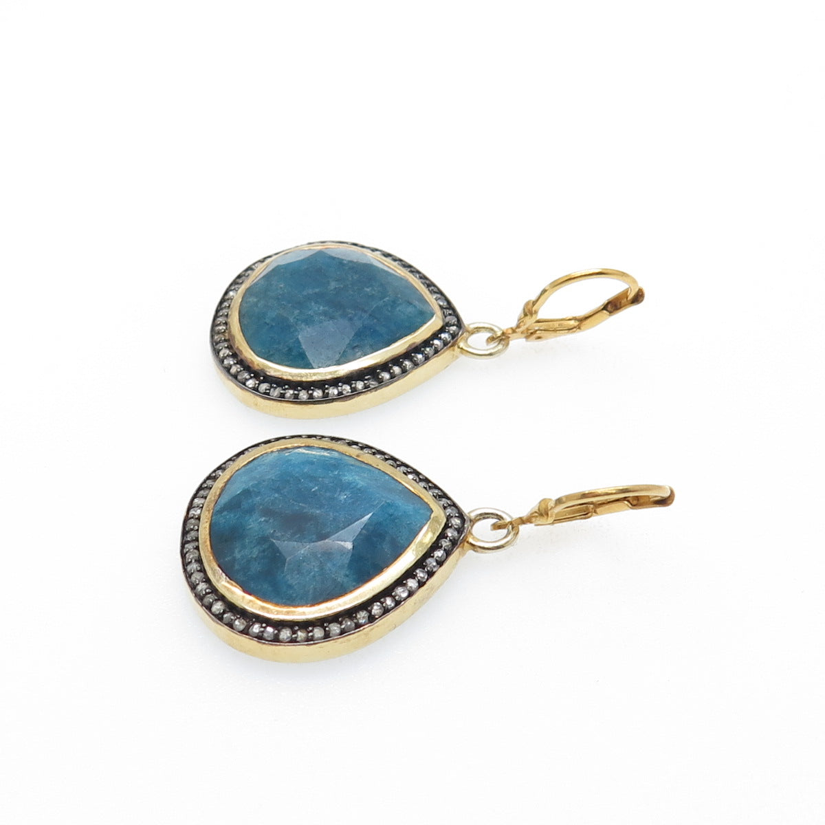 925 Sterling Silver Gold Plated Real Diamond & Apatite Teardrop Dangle Earrings