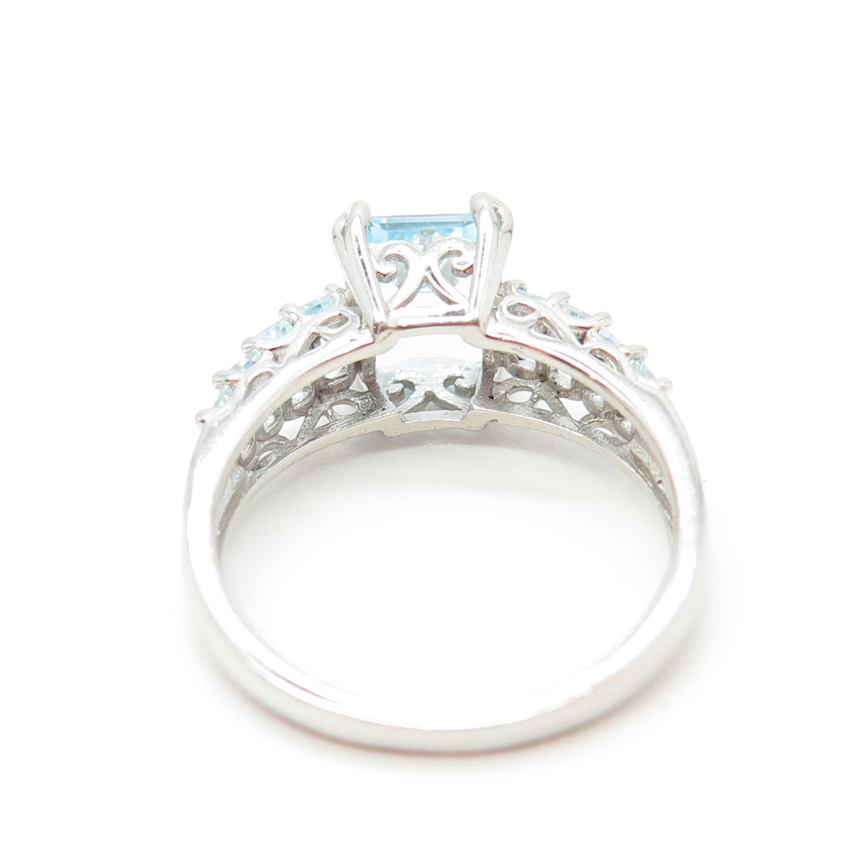 925 Sterling Silver Real Emerald-Cut Blue Topaz Engagement Ring Size 8