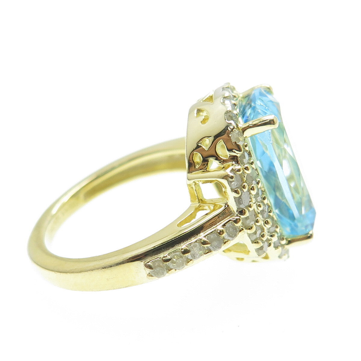 DSMK 925 Sterling Silver Gold Plated Real Diamond & Blue Topaz Ring Size 6.75