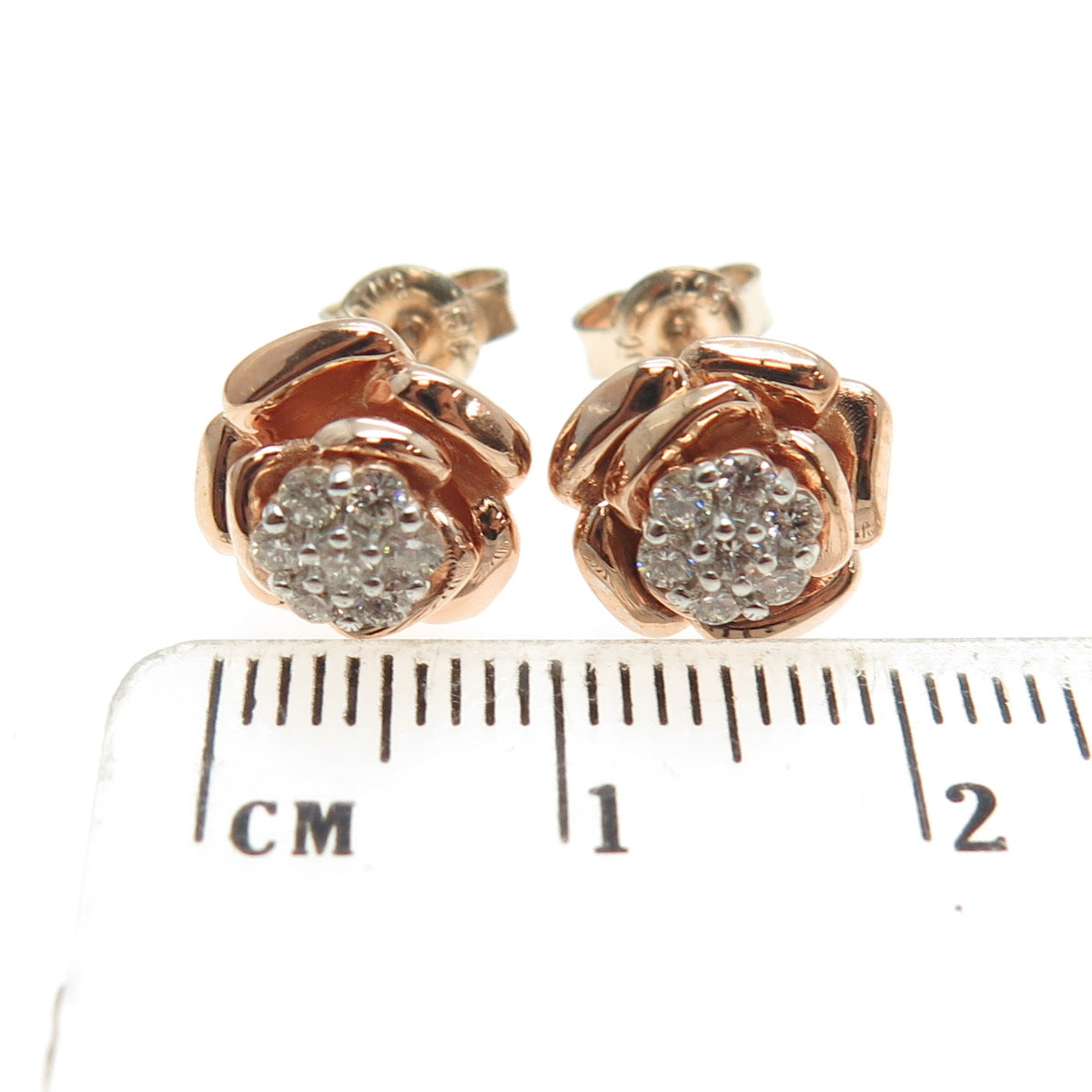 925 Sterling Silver Rose Gold Plated Real Round-Cut Diamond Flower Stud Earrings