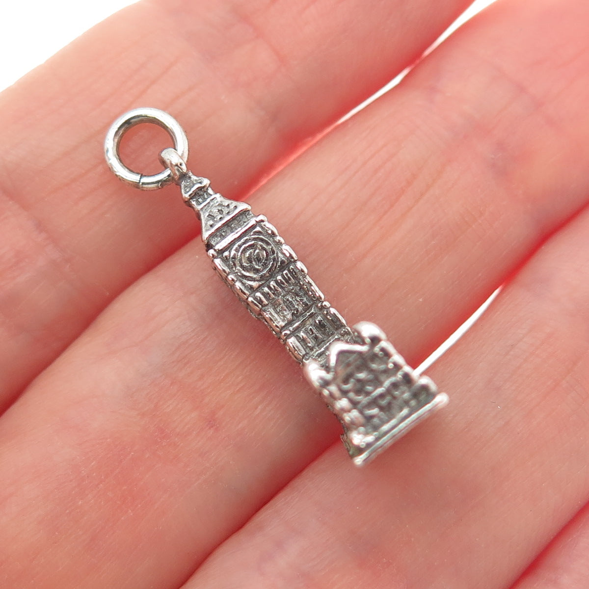 925 Sterling Silver Vintage Big Ben Oxidized Minimalist 3D Charm Pendant