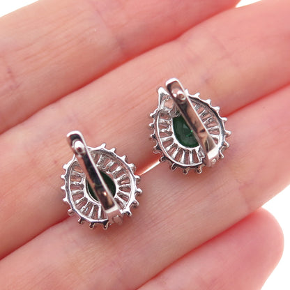 925 Sterling Silver Green & White C Z Teardrop Earrings