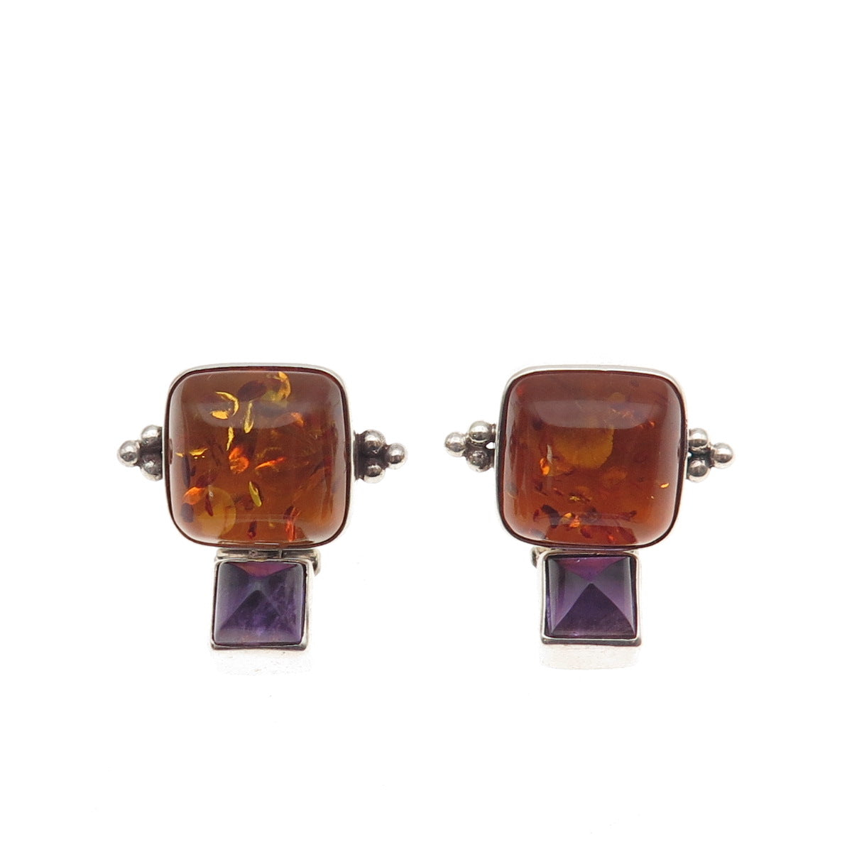 Lori Bonn 925 Sterling Silver Vintage Real Amber & Amethyst Modernist Earrings