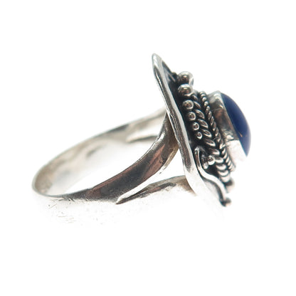 925 Sterling Silver Vintage Real Lapis Lazuli Gem Beaded Oxidized Ring Size 6.5