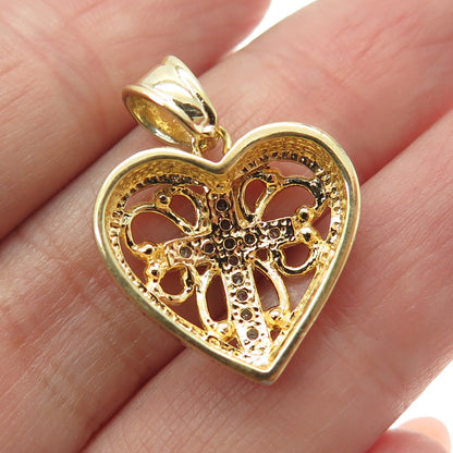 925 Sterling Silver Gold Plated Real Round-Cut Diamond Heart Cross Pendant