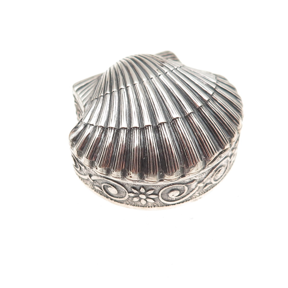 925 Sterling Silver Vintage Seashell Oxidized Pill / Snuff Box