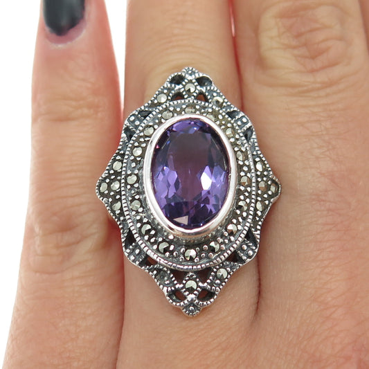 925 Sterling Silver Vintage Amethyst Marcasite Ring Size 6.25 (missing 2 stones)