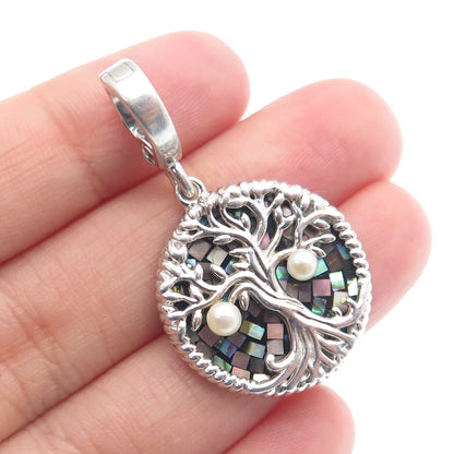 925 Sterling Silver Vintage Real Pearl Abalone Shell Inlay Tree of Life Pendant