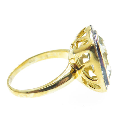 925 Sterling Silver Gold Plated White Diamond & Blue Topaz Gem Ring Size 7.75