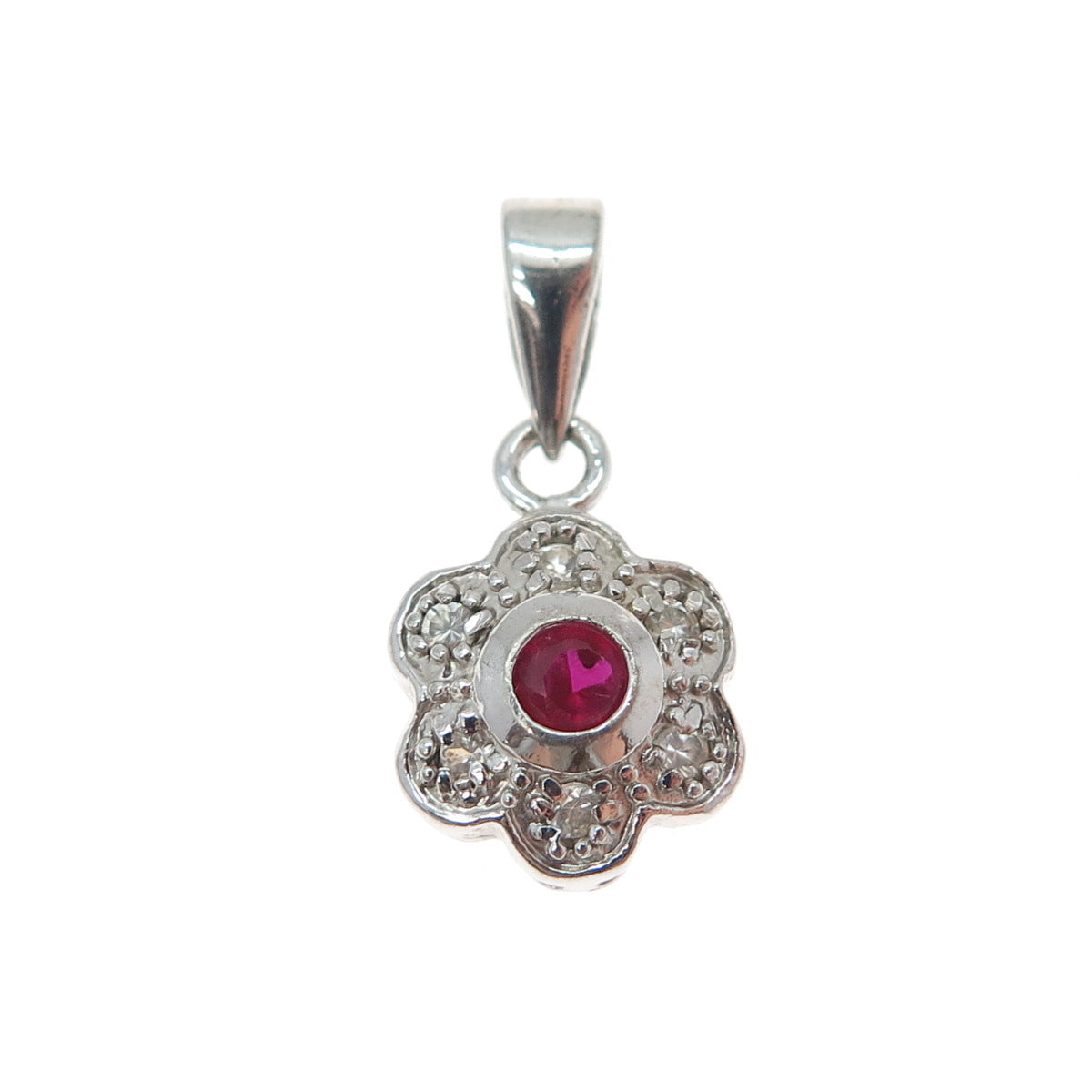 925 Sterling Silver Real Round-Cut Ruby & C Z Flower Minimalist Slide Pendant