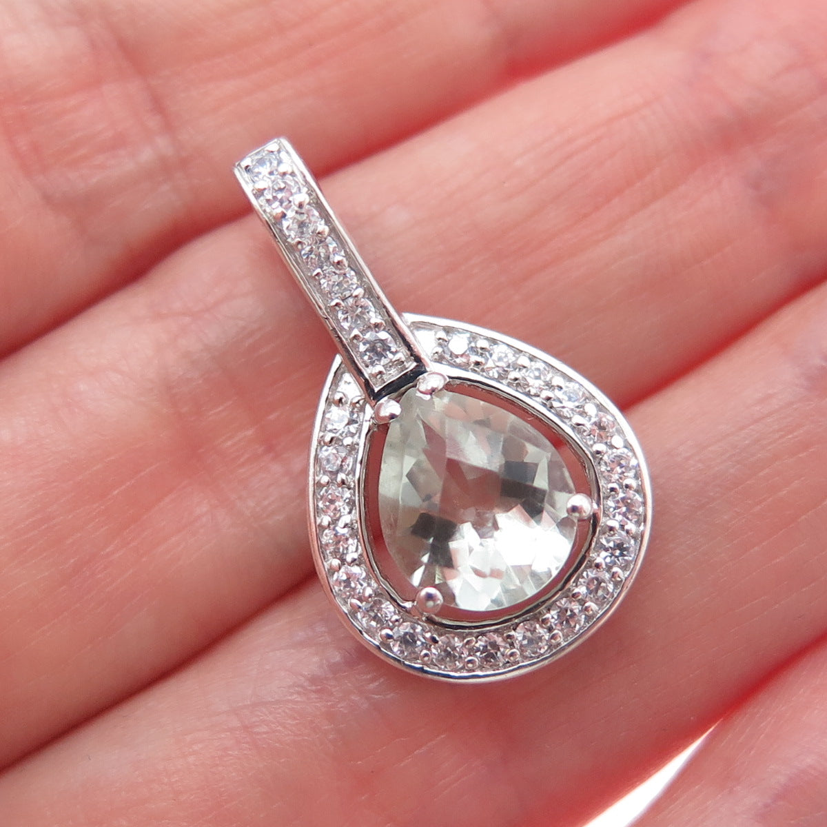 925 Sterling Silver Vintage Real Green Amethyst & C Z Teardrop Charm Pendant