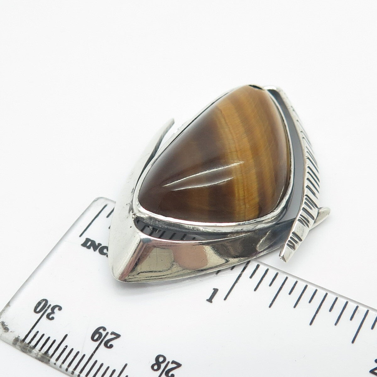 925 Sterling Silver Vintage Real Tiger Eye Gemstone Pin Brooch