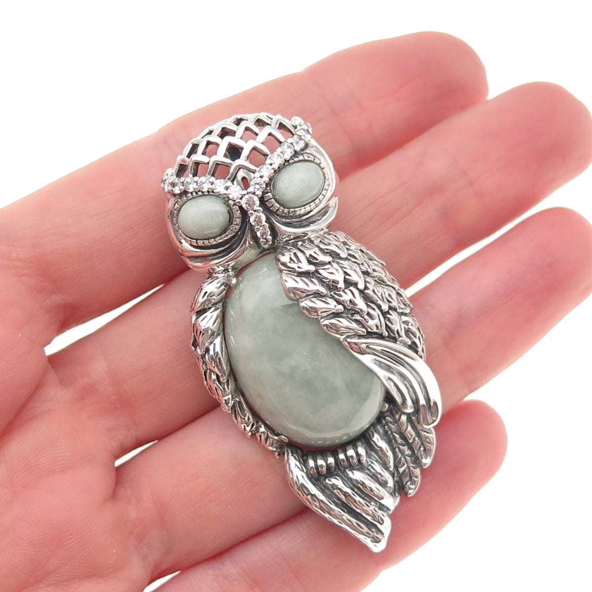 925 Sterling Silver Vintage Real Jade & C Z Owl Bird Oxidized Slide Pendant