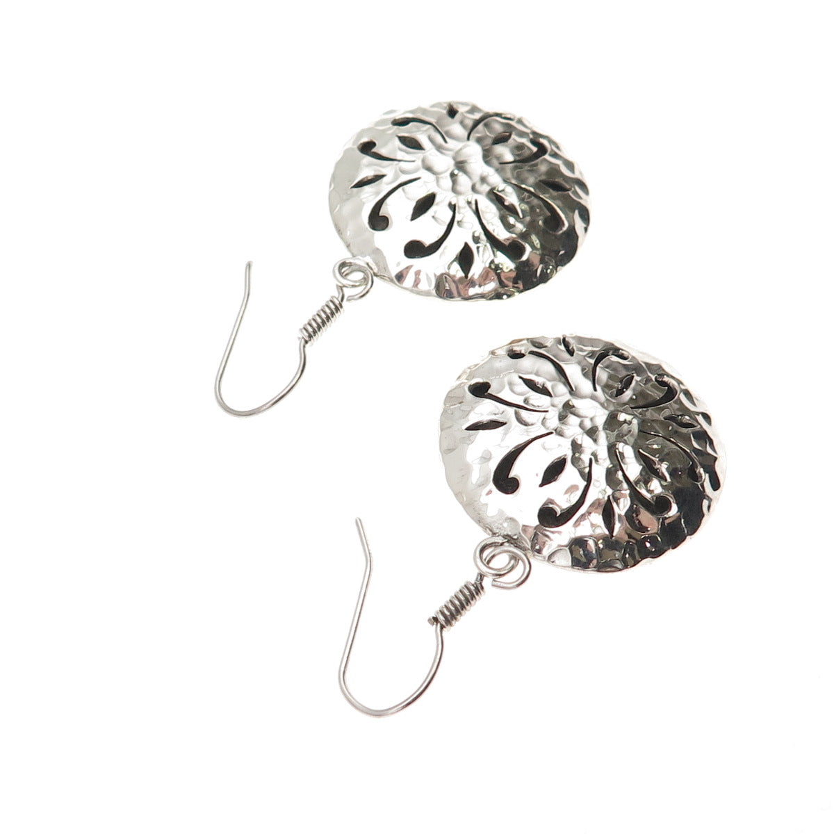 925 Sterling Silver Vintage Modernist Floral Hammered Dangle Earrings