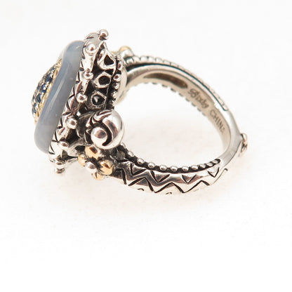 Barbara Bixby 925 Sterling 18K Gold Chalcedony & Sapphire Paisley Ring Size 5.25