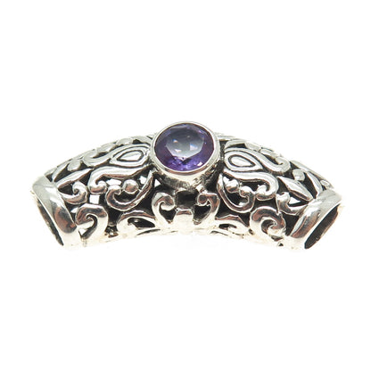 925 Sterling Silver Vintage Real Round-Cut Amethyst Floral Scroll Slide Pendant