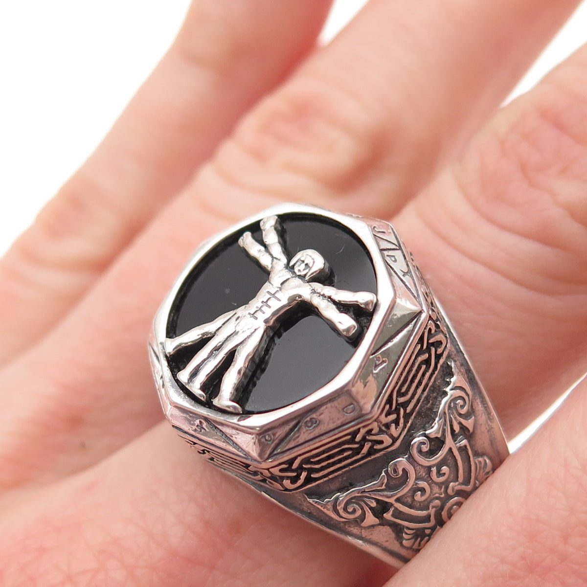 CPII 925 Sterling Silver Vintage Real Black Onyx Vitruvian Man Ring Size 12.5