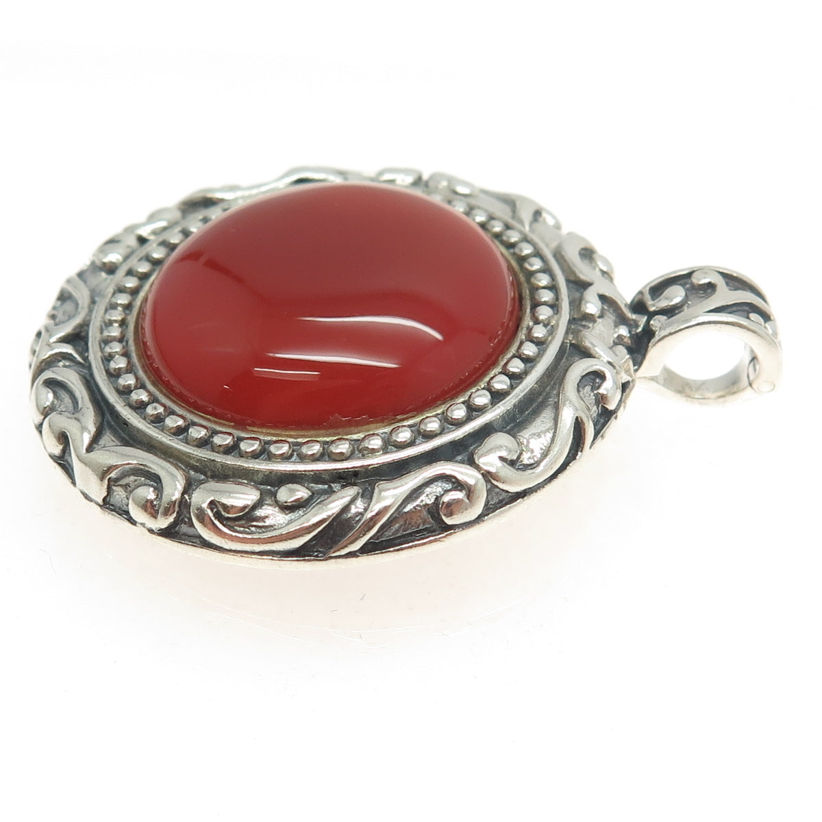 925 Sterling Silver Vintage Real Carnelian Gemstone Ornate Pendant