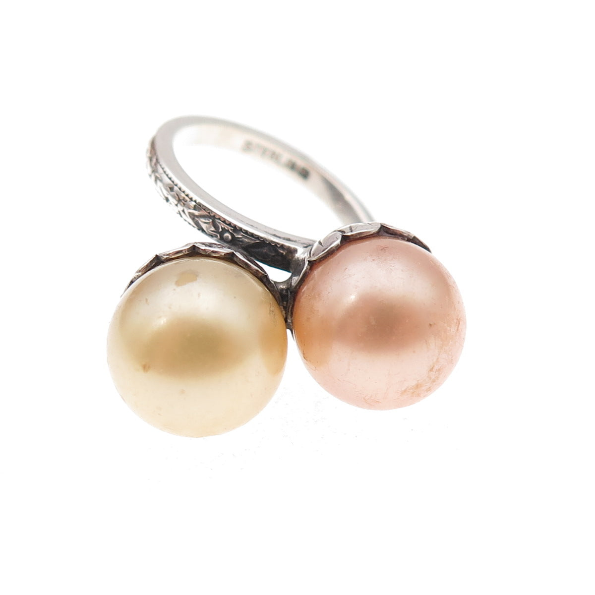 925 Sterling Silver Antique Art Deco Faux Pearl Bypass Adjustable Ring Size 3.75