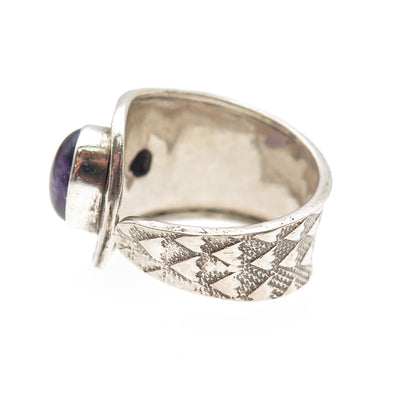 925 Sterling Vintage Real Amethyst & Opal Modernist Adjustable Ring Size 7.5
