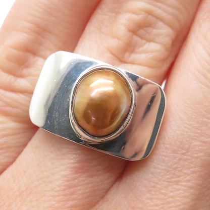 925 Sterling Silver Vintage Real Gold Pearl Modernist Ring Size 6.25