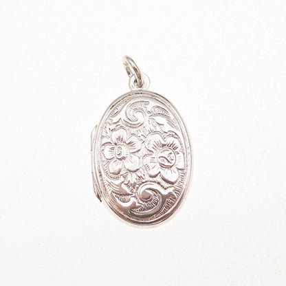 925 Sterling Silver Vintage Engraved Floral Locket Charm Pendant