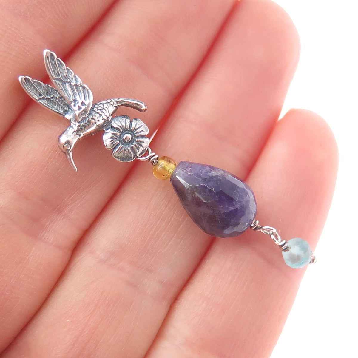 Le Papillon 925 Sterling Vintage Amethyst Citrine Aquamarine Hummingbird Pendant