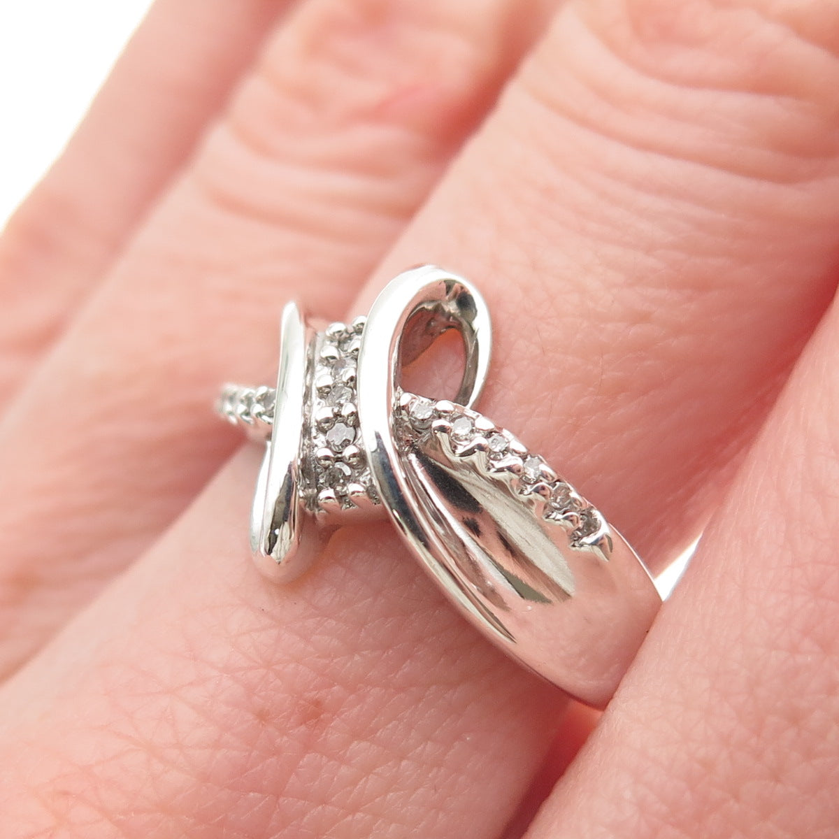 SUN 925 Sterling Silver Real Round-Cut Diamond Bypass Ring Size 6.75