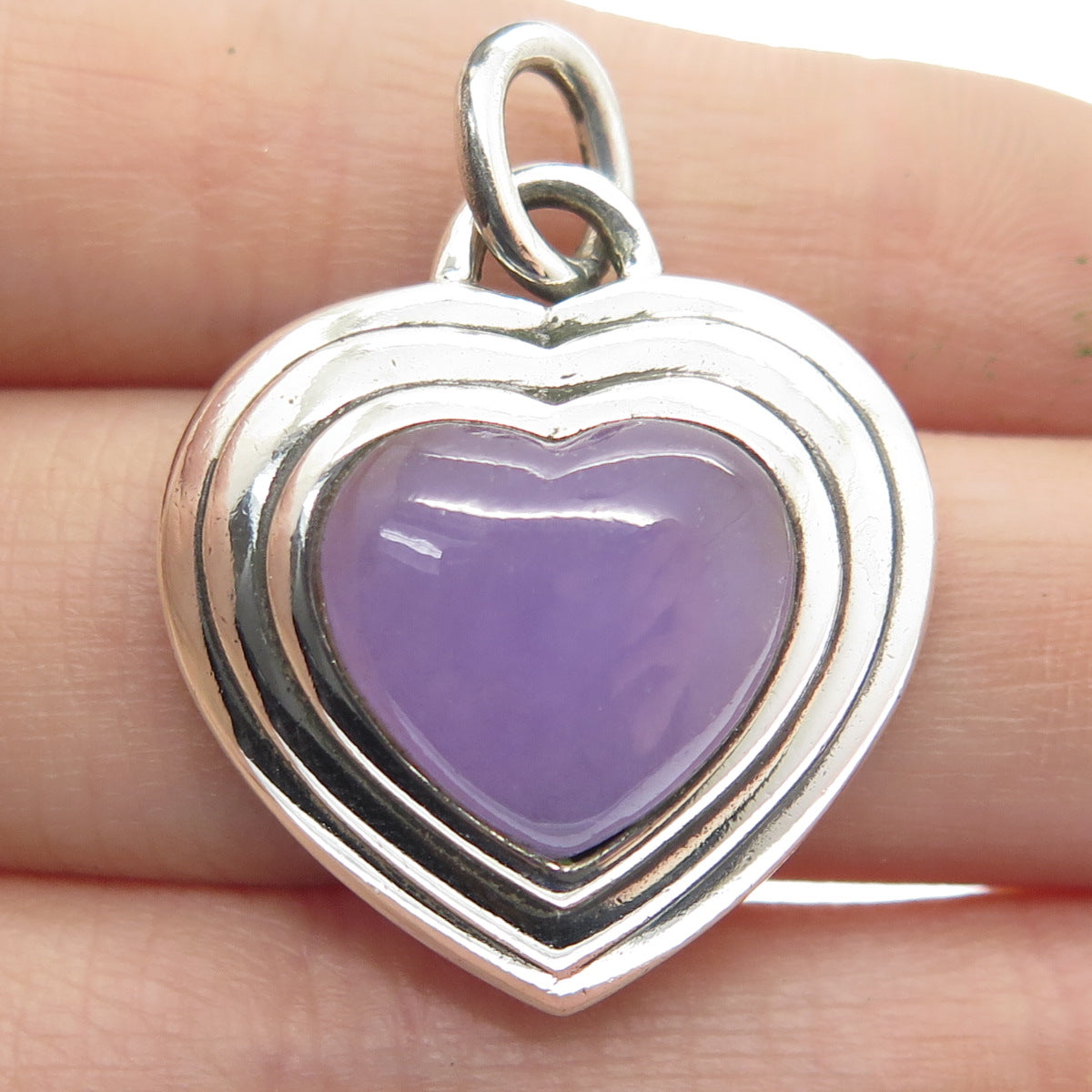 925 Sterling Silver Vintage Real Lavender Jade Gemstone Heart Pendant