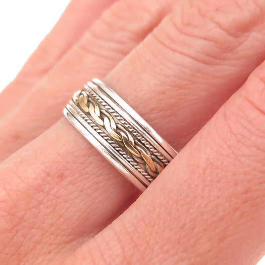 925 Sterling Silver 2-Tone Vintage Woven Rotating Oxidized Band Ring Size 10