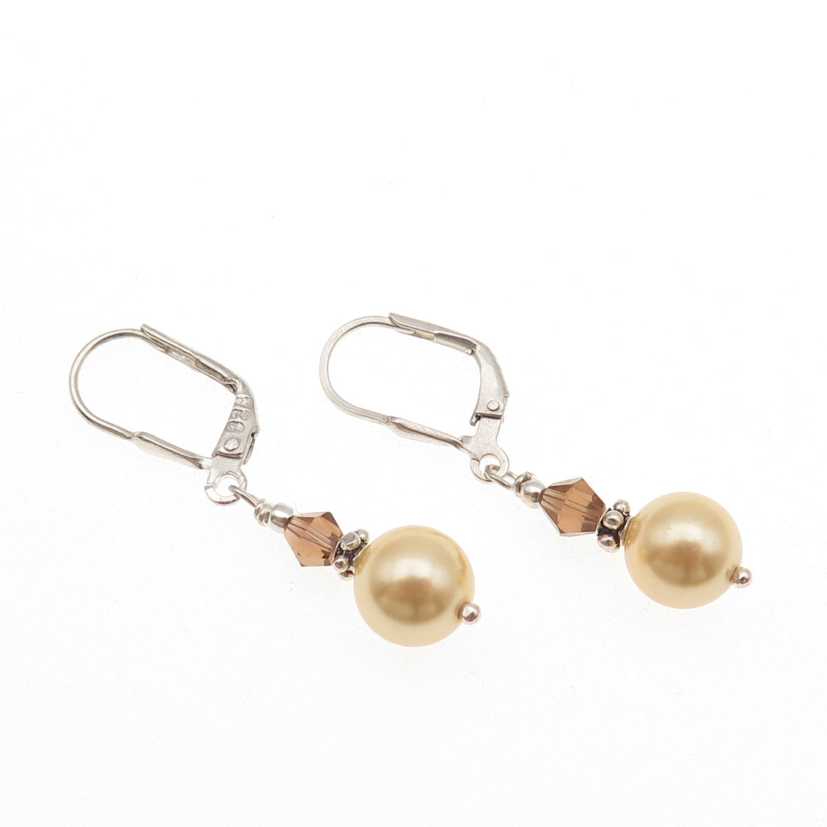 925 Sterling Silver Vintage Faux Pearl & Smoky Crystal Dangle Earrings