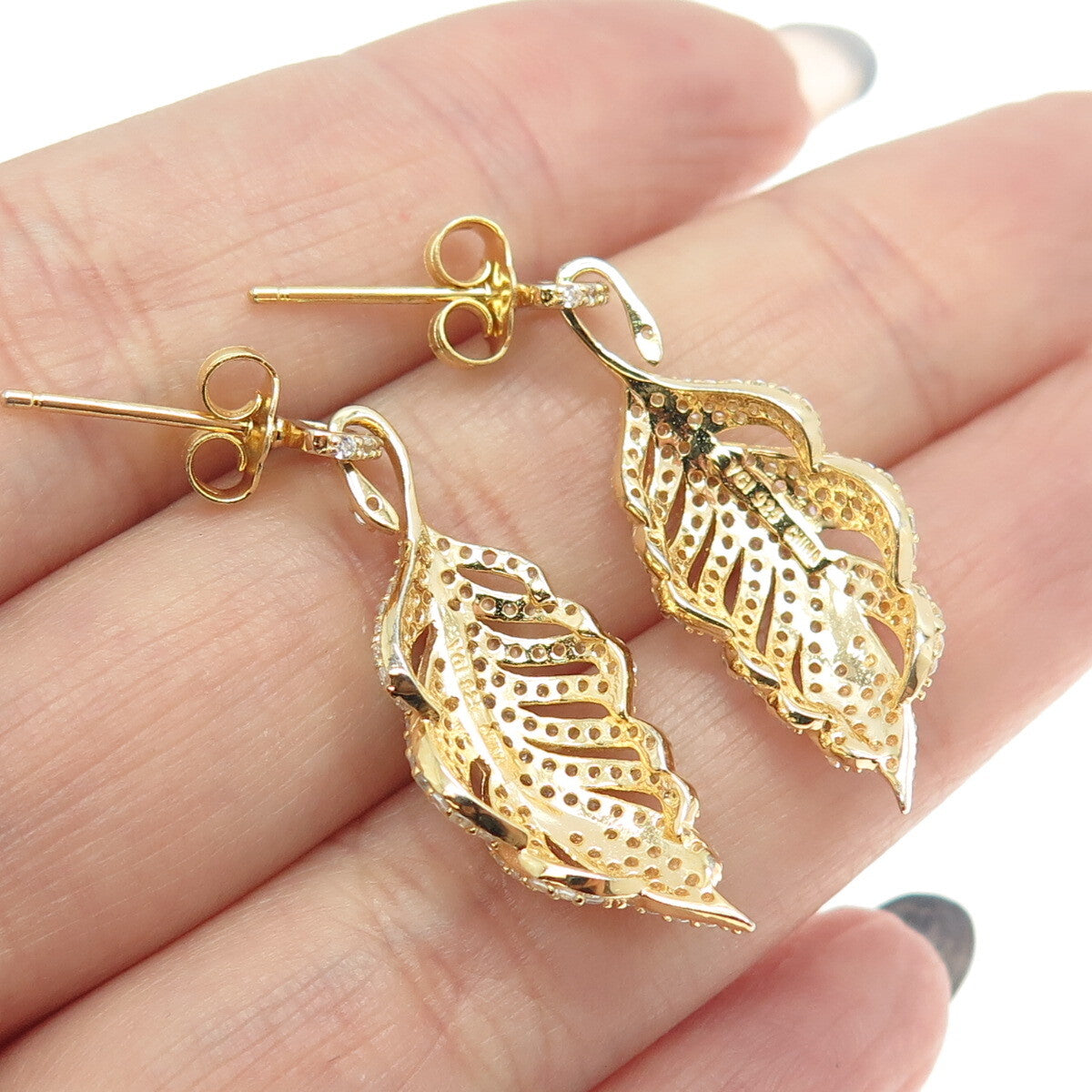 925 Sterling Silver Gold Plated Round-Cut C Z Feather Dangling Earrings