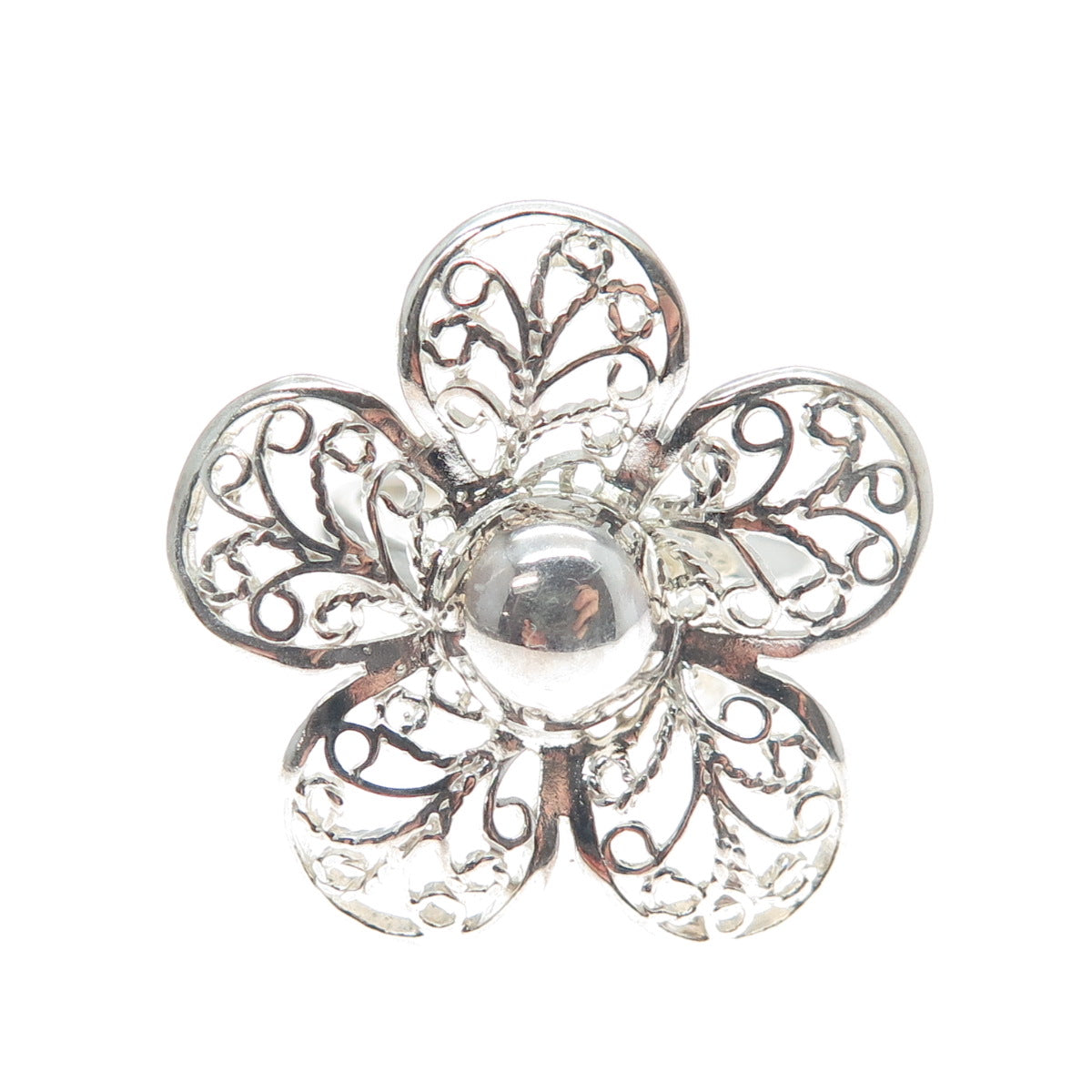 RIDER 950 Silver Vintage Flower Blossom Filigree Adjustable Ring Size 6.75