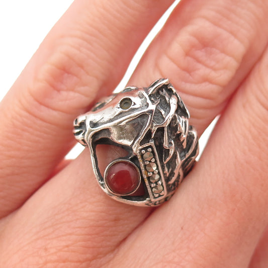925 Sterling Vintage Carnelian & Marcasite Horse Ring Size 5.75 (missing stone)