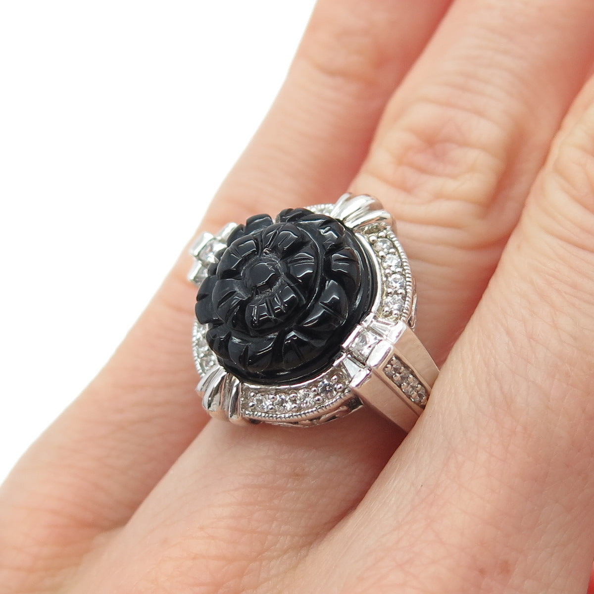 925 Sterling Silver Real Black Onyx & C Z Carved Flower Ring Size 5.25