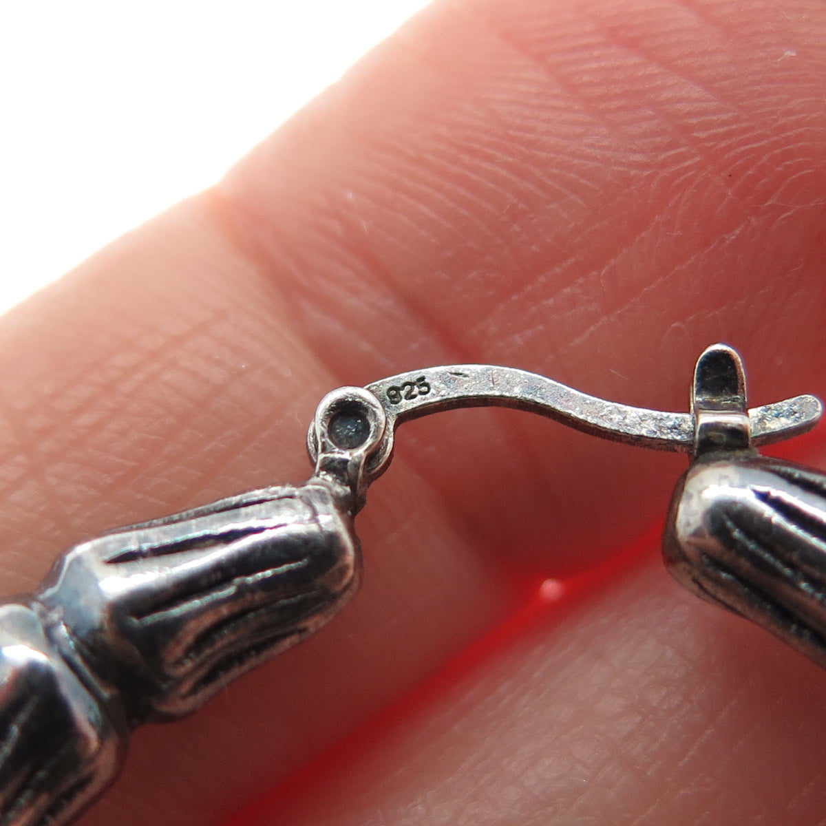 925 Sterling Silver Vintage Modernist Bamboo Oxidized Hoop Earrings