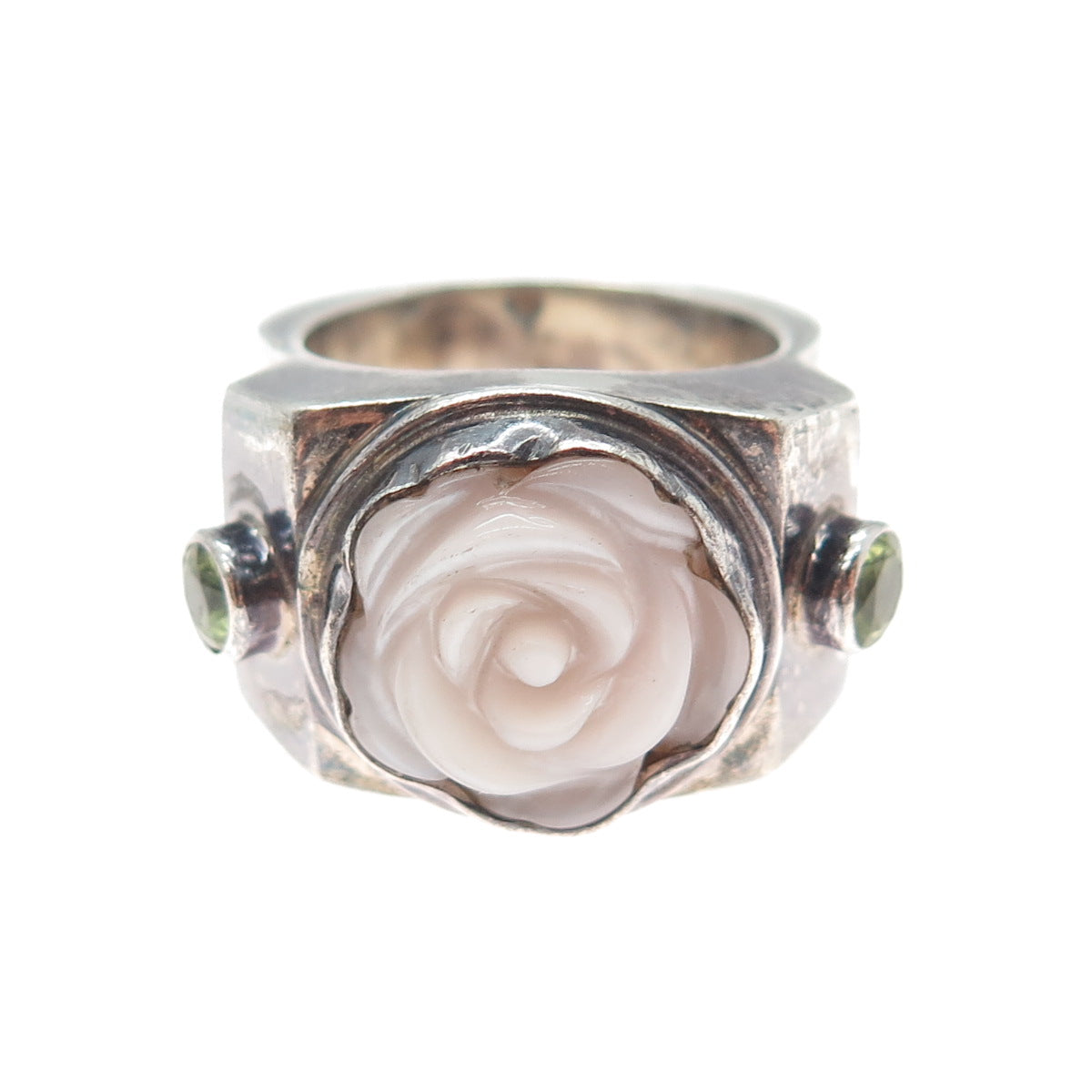 925 Sterling Silver Vintage Real MOP & Peridot Carved Rose Flower Ring Size 7.75