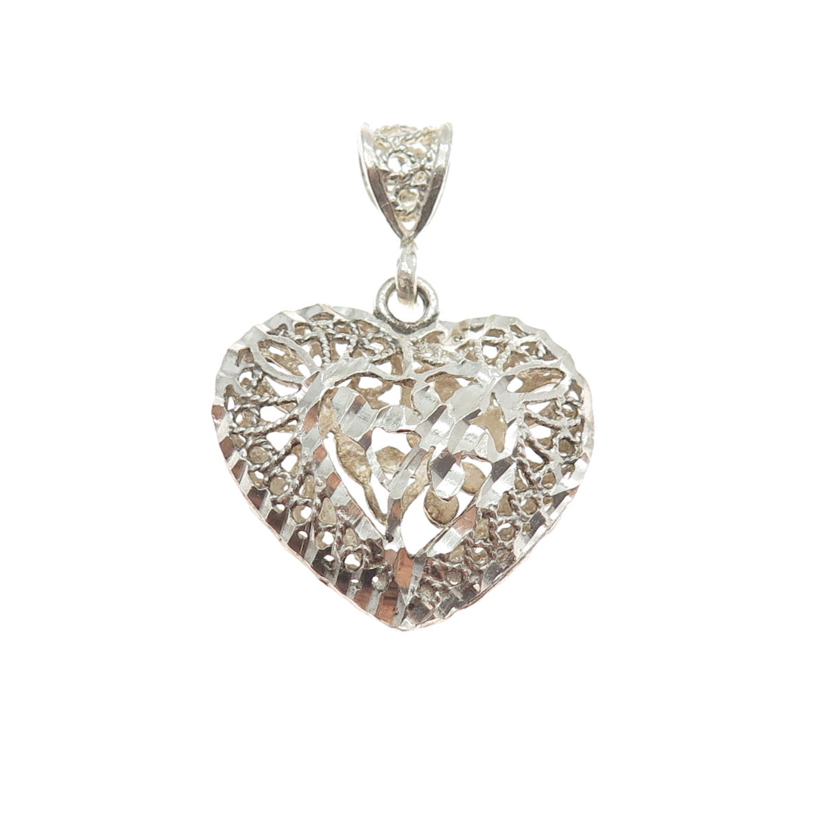 925 Sterling Silver Vintage Flower Filigree Heart Charm Pendant