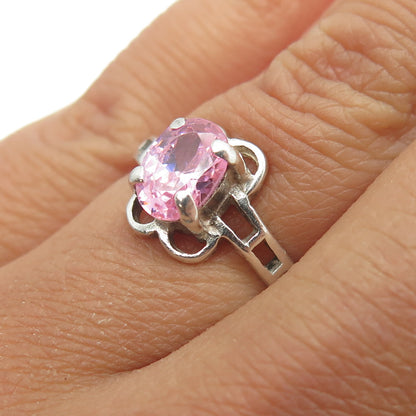 925 Sterling Silver Vintage Oval-Cut Pink C Z Ring Size 6