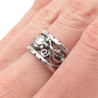 925 Sterling Silver Antique Art Deco Floral Oxidized Band Ring Size 7.25