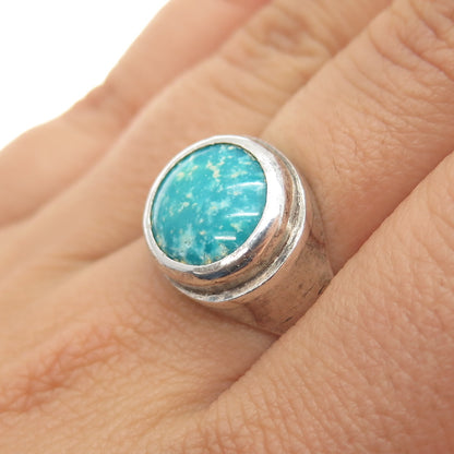 925 Sterling Silver Vintage Real Turquoise Modernist Ring Size 9.25
