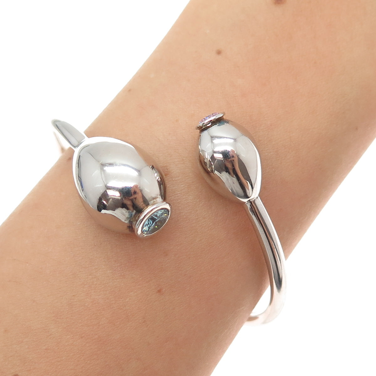 TSIKOLIA Sterling Silver Blue & Purple C Z Vase Adjustable Bangle Bracelet 6.5"