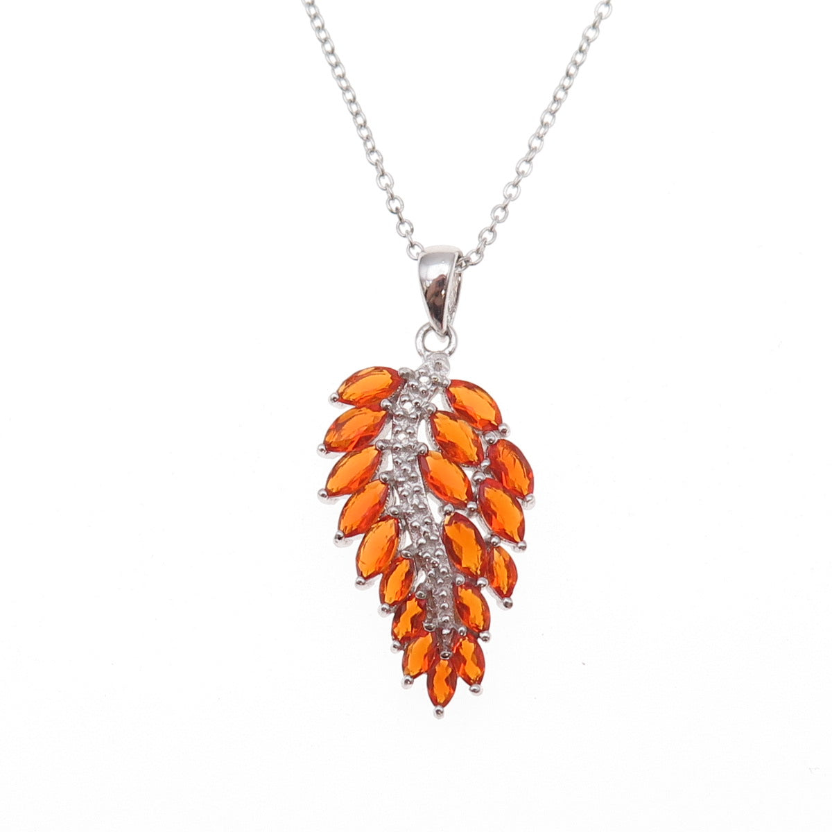 925 Sterling Silver Real Fire Opal & White Topaz Floral Cable Chain Necklace 18"
