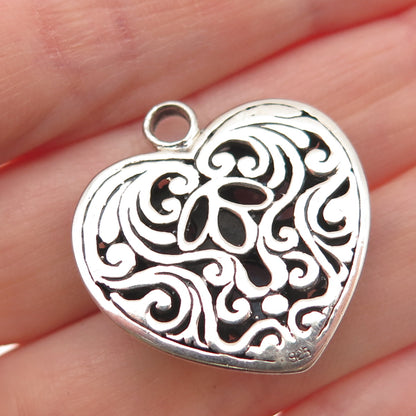 925 Sterling Silver Vintage Real Oval-Cut Blue Topaz Ornate Heart Charm Pendant