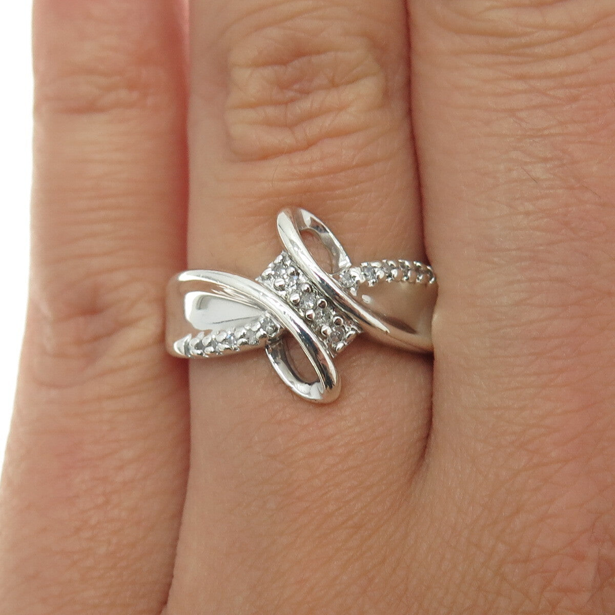 SUN 925 Sterling Silver Real Round-Cut Diamond Bypass Ring Size 7